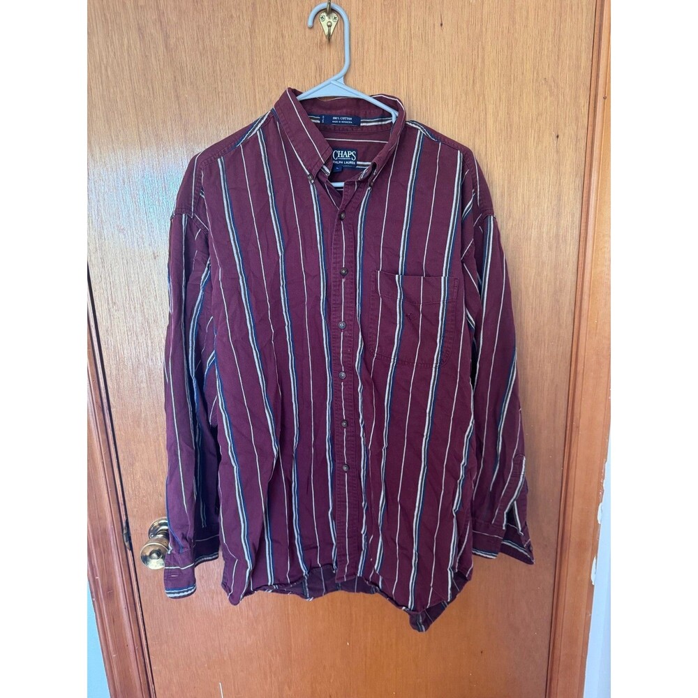 Rare VNT Chaps Ralph Lauren Shirt Mens L Burgundy Striped Button Down 90s Cotton